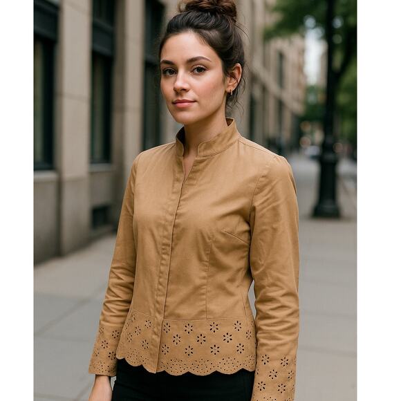 The Limited Eyelet Top Mandarin Neck Scalloped Hem Tan Women's Medium Casual Y2K - Picture 1 of 8